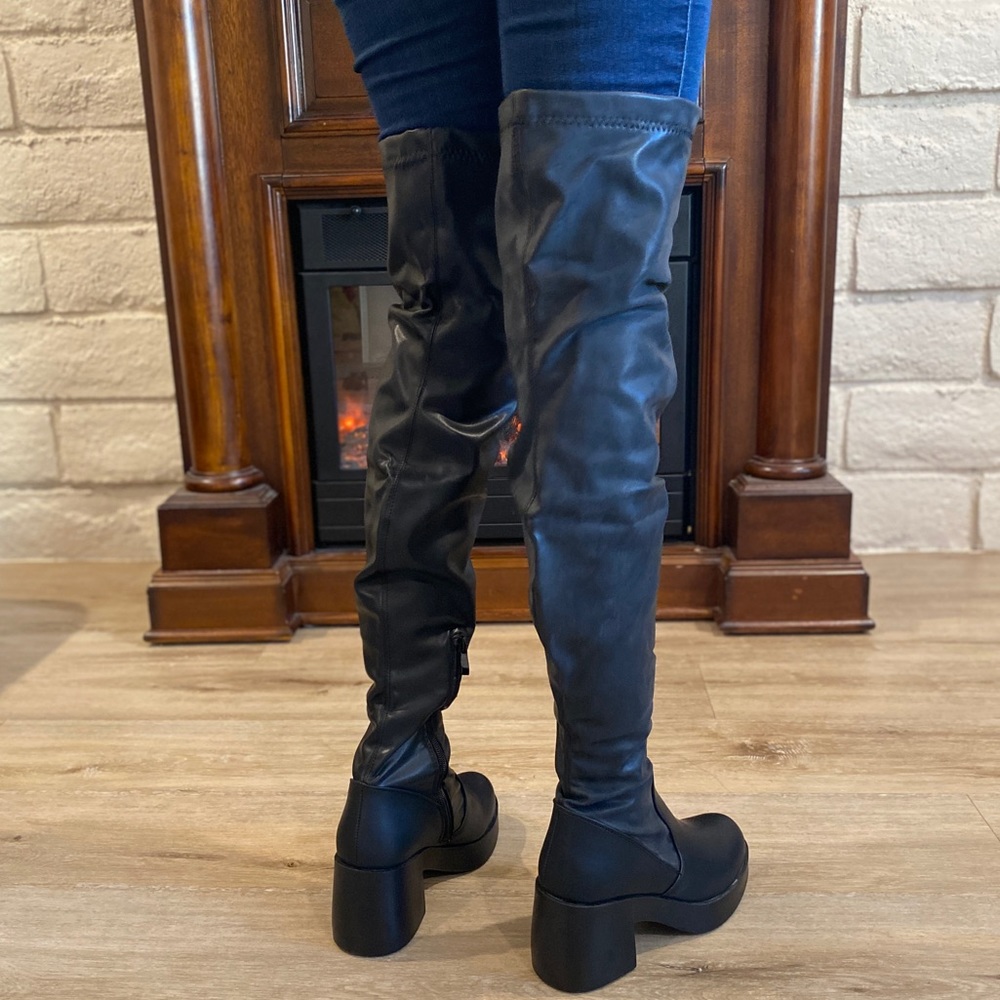 Thigh High Vegan Leather Chunky High Heel Boots OTK - Picture 9 of 13
